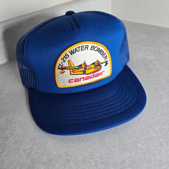 Vintage Canadair CL-215 Water Bomber Trucker Hat Ron Frick Blue Mesh Cap - Picture 1 of 5